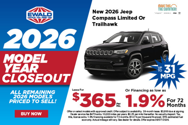 2026 Jeep Compass Lease for $365 or 1.9% APR for 72