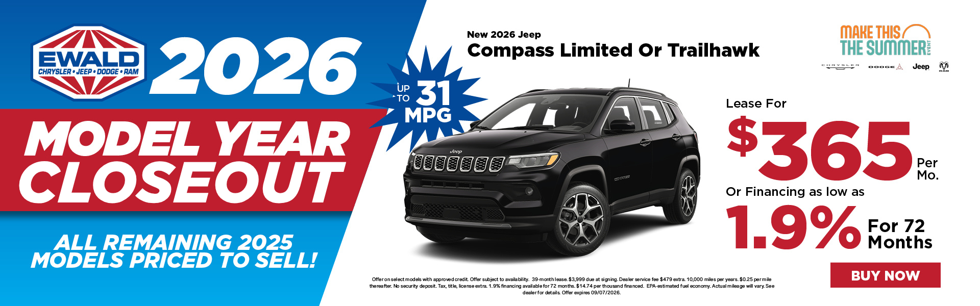 2026 Jeep Compass Lease for $365 or 1.9% APR for 72