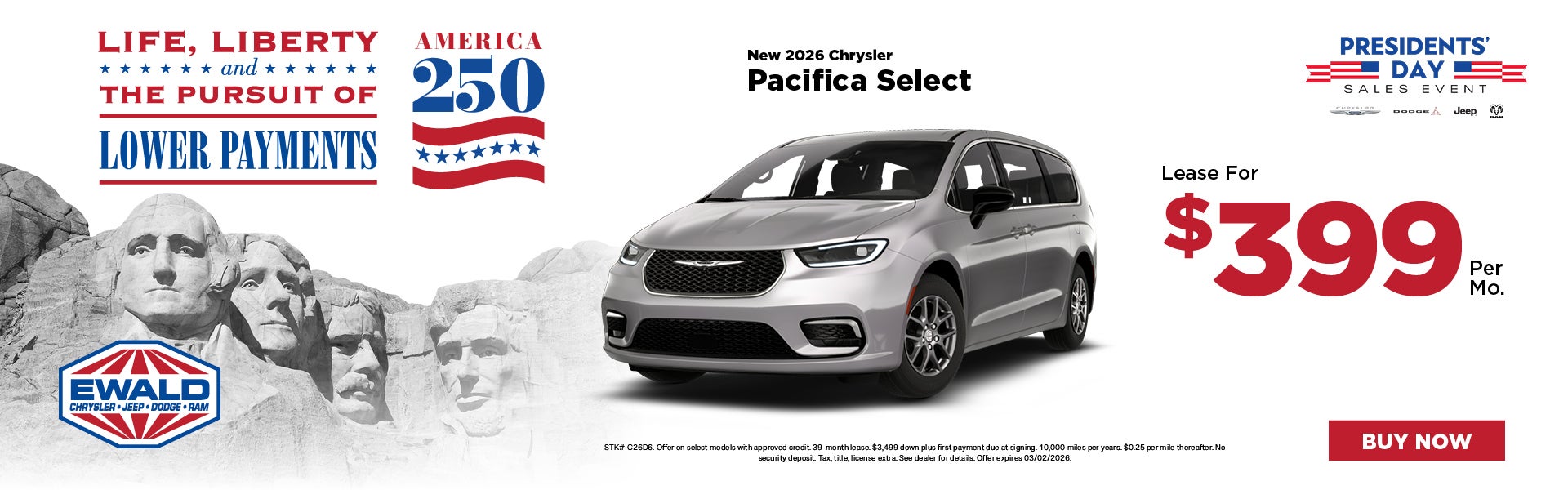 2026 Chrysler Pacifica Select lease for $399