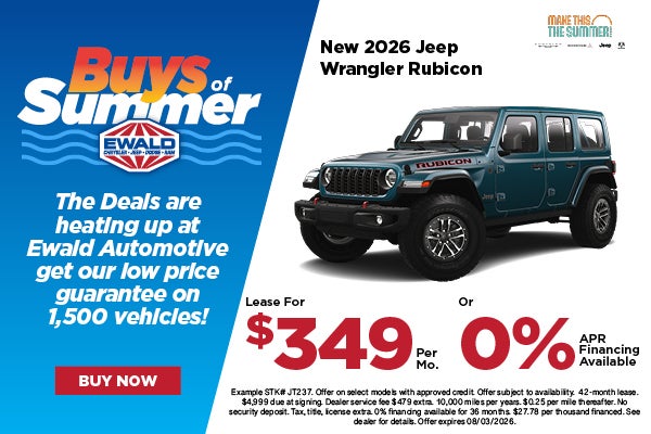 2026 Jeep Wrangler Rubicon lease for $349 or 0% APR 