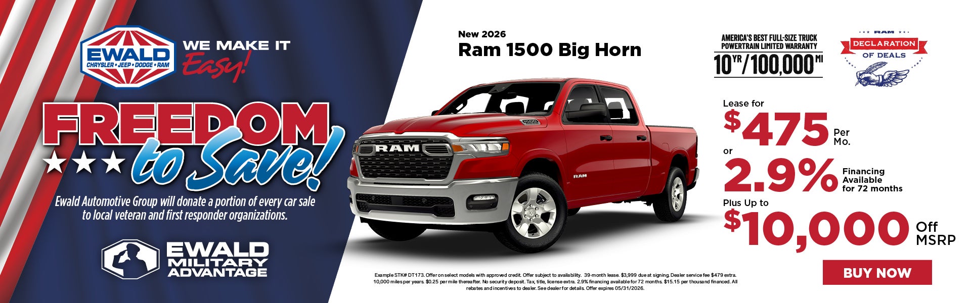2026 Ram 1500 Big Horn Lease $475 or 2.9% APR plus $10k off 