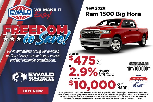2026 Ram 1500 Big Horn Lease $475 or 2.9% APR plus $10k off 