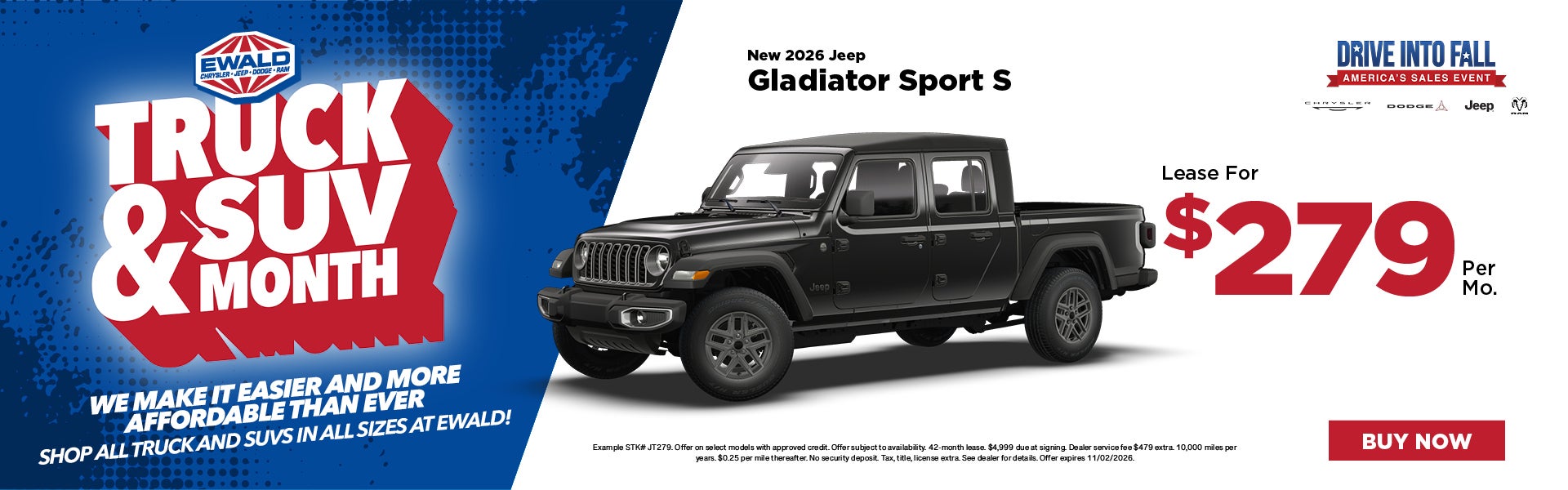 2026 Jeep Gladiator Sport S Lease $279 