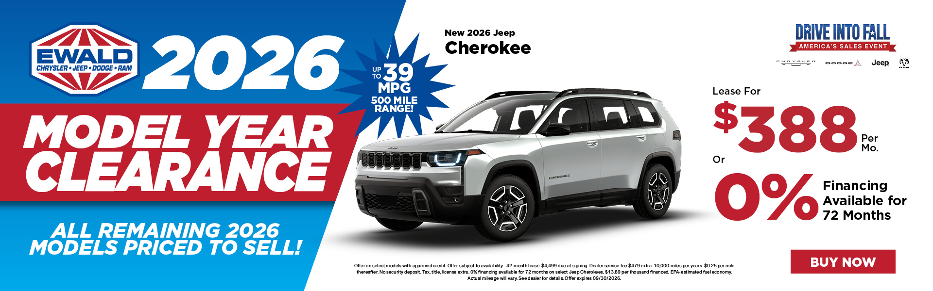 2026 Jeep Cherokee Lease $288 or 0% APR 